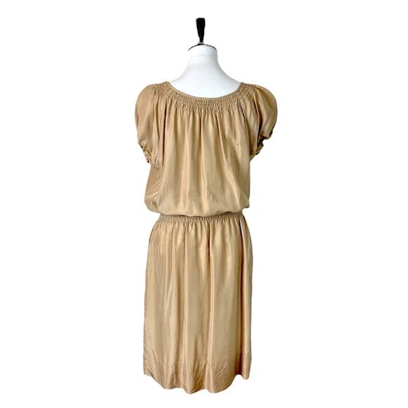 Talbots Dress Smocked Blouson Waist Tan 100% Silk Short Sleeve Women’s Medium M - Picture 4 of 12